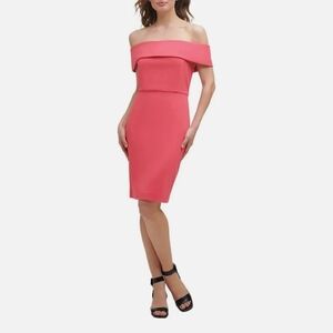 NWT Calvin Klein Womens Off-The-Shoulder Coral Knee Length Sheath Dress